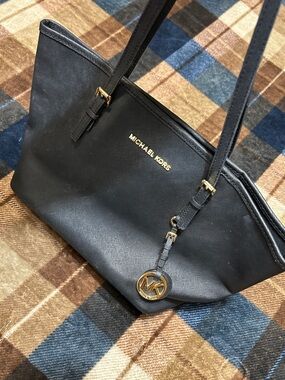 Michael Kors Black Leather Tote with Gold Hardware